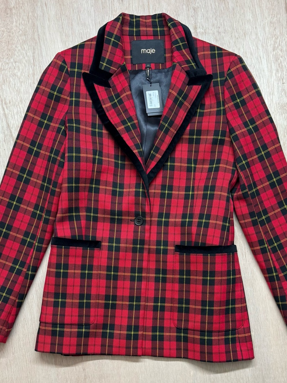 NWT Maje Tartan Plaid Red multi One Button Contrast trim Blazer Sz EU36/US S